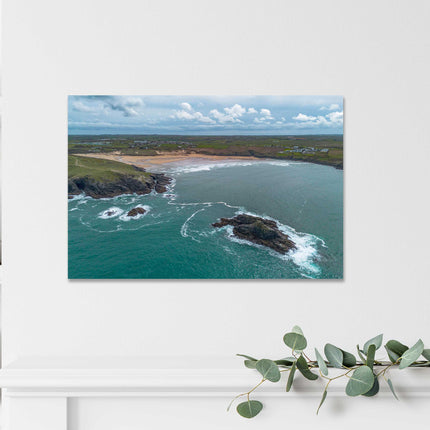 Crantock beach aerial view, Cornwall. Canvas Print each seascape.