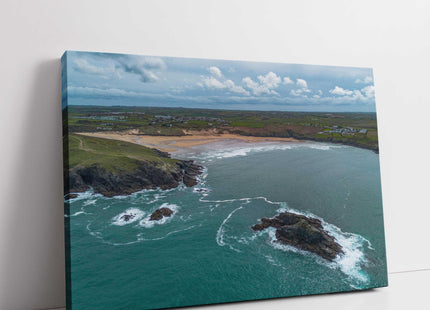 Crantock beach aerial view, Cornwall. Canvas Print each seascape.