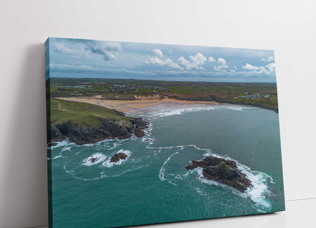 Crantock beach aerial view, Cornwall. Canvas Print each seascape.