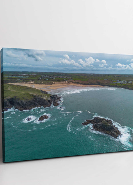 Crantock beach aerial view, Cornwall. Canvas Print each seascape.