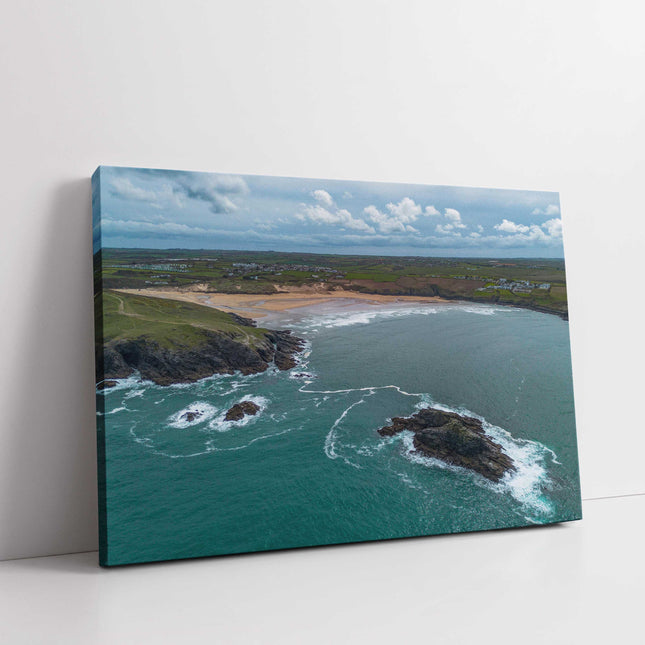 Crantock beach aerial view, Cornwall. Canvas Print each seascape.