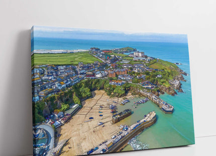 Newquay Harbour wall art from the air painting style canvas picture print
