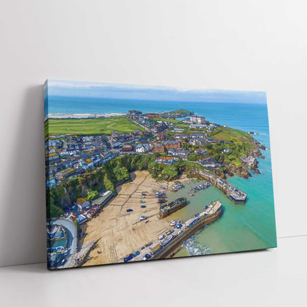 Newquay Harbour wall art from the air painting style canvas picture print