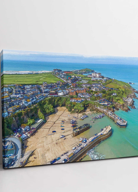 Newquay Harbour wall art from the air painting style canvas picture print