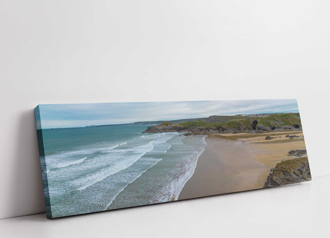 Newquay coastline, panoramic canvas picture print. Cornwall beach scene.