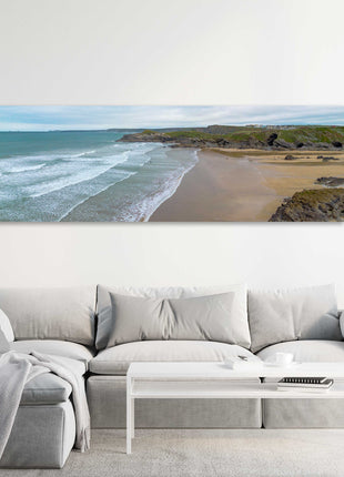 Newquay coastline, panoramic canvas picture print. Cornwall beach scene.