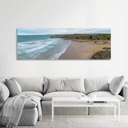 Newquay coastline, panoramic canvas picture print. Cornwall beach scene.