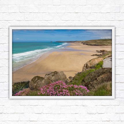 Perranporth beach, Cornwall. Framed picture with a choice of frame colours.