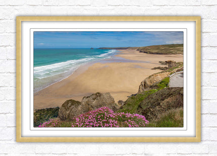 Perranporth beach, Cornwall. Framed picture with a choice of frame colours.