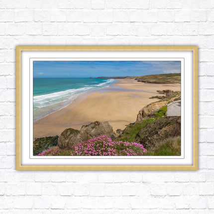 Perranporth beach, Cornwall. Framed picture with a choice of frame colours.