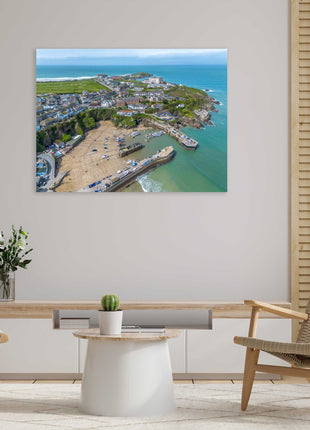 Newquay Harbour and coastline from the air stunning vibrant canvas picture print