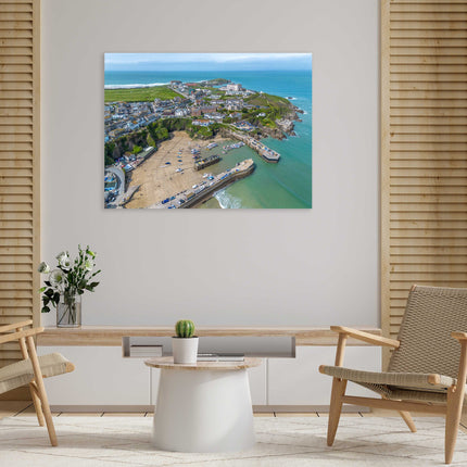 Newquay Harbour and coastline from the air stunning vibrant canvas picture print