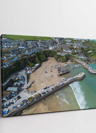 Newquay Harbour and coastline aerial view. Cornwall. Framed Canvas Print