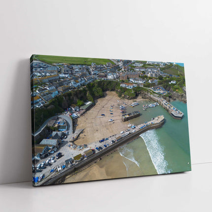 Newquay Harbour and coastline aerial view. Cornwall. Framed Canvas Print