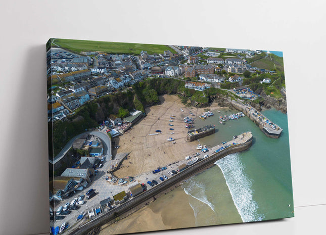 Newquay Harbour and coastline aerial view. Cornwall. Framed Canvas Print