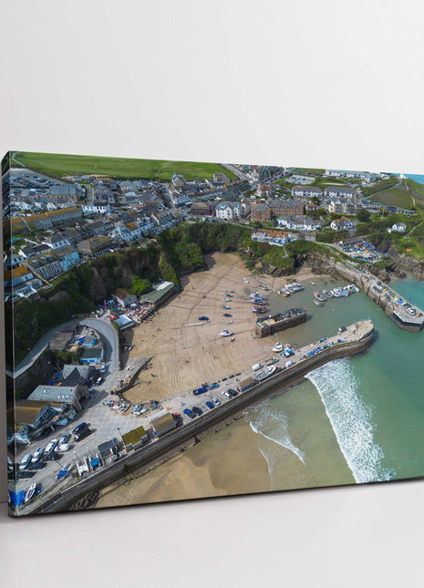 Newquay Harbour and coastline aerial view. Cornwall. Framed Canvas Print