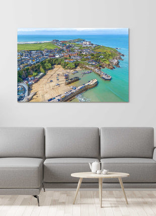 Newquay Harbour wall art from the air painting style canvas picture print