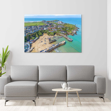 Newquay Harbour wall art from the air painting style canvas picture print