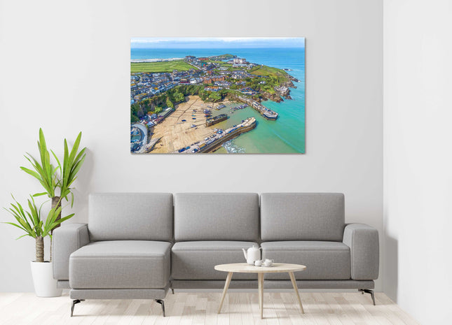 Newquay Harbour wall art from the air painting style canvas picture print