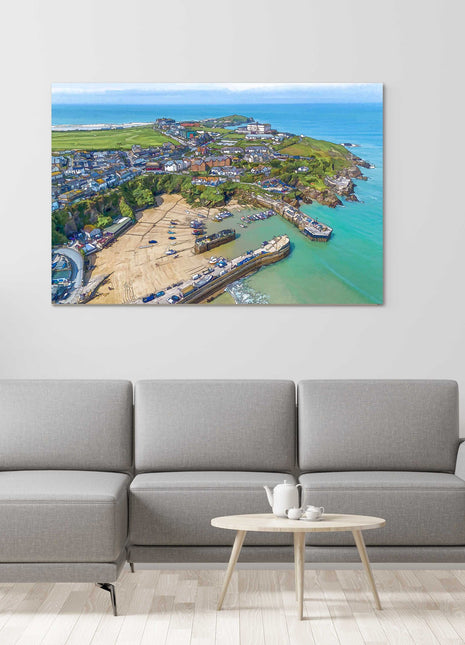 Newquay Harbour wall art from the air painting style canvas picture print