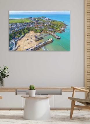 Newquay Harbour wall art from the air painting style canvas picture print