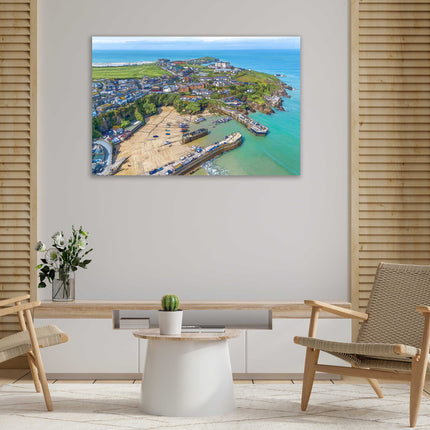 Newquay Harbour wall art from the air painting style canvas picture print