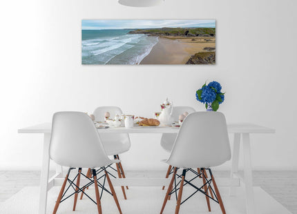 Newquay coastline, panoramic canvas picture print. Cornwall beach scene.