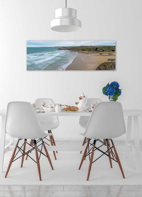Newquay coastline, panoramic canvas picture print. Cornwall beach scene.
