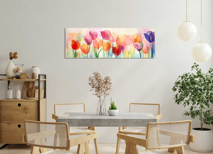 Tulips in watercolour. Panoramic canvas picture print.