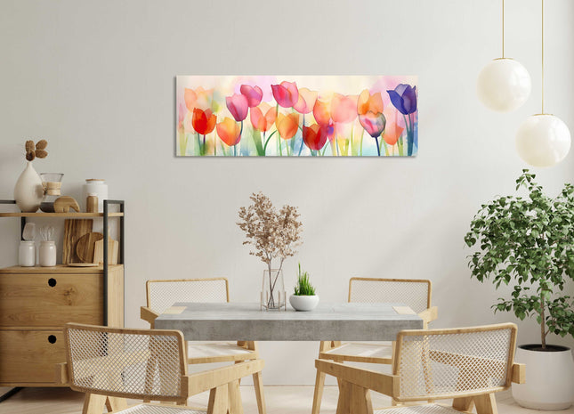 Tulips in watercolour. Panoramic canvas picture print.