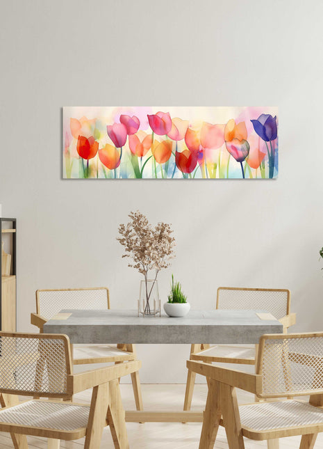 Tulips in watercolour. Panoramic canvas picture print.