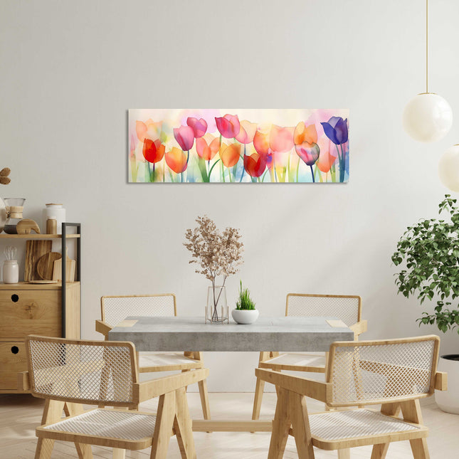 Tulips in watercolour. Panoramic canvas picture print.