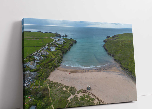 Porthcothan beach, near Padstow, North Cornwall from the air canvas picture