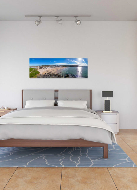 Porthmeor Beach, St Ives, Cornwall. Aerial panoramic canvas picture print.