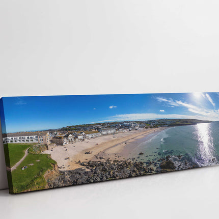 Porthmeor Beach, St Ives, Cornwall. Aerial panoramic canvas picture print.
