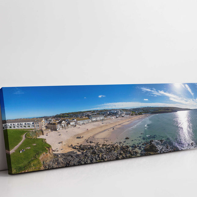 Porthmeor Beach, St Ives, Cornwall. Aerial panoramic canvas picture print.