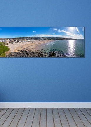 Porthmeor Beach, St Ives, Cornwall. Aerial panoramic canvas picture print.
