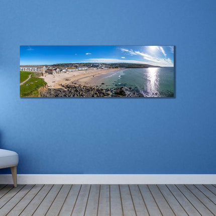 Porthmeor Beach, St Ives, Cornwall. Aerial panoramic canvas picture print.