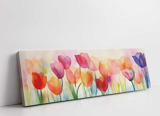 Tulips in watercolour. Panoramic canvas picture print.