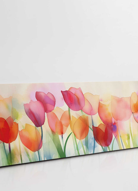 Tulips in watercolour. Panoramic canvas picture print.