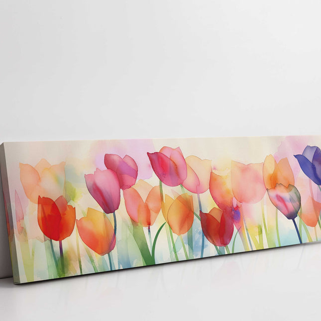 Tulips in watercolour. Panoramic canvas picture print.