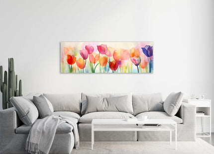 Tulips in watercolour. Panoramic canvas picture print.