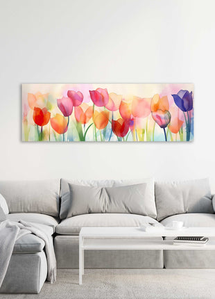 Tulips in watercolour. Panoramic canvas picture print.