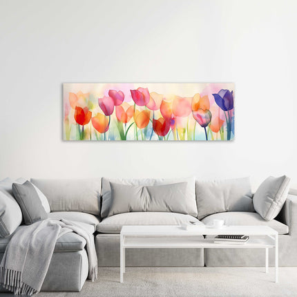 Tulips in watercolour. Panoramic canvas picture print.