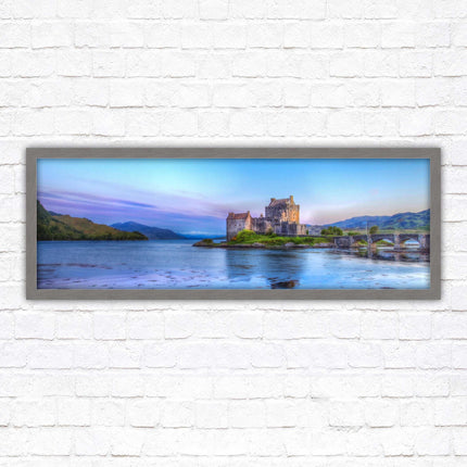 Scottish Highlands Castle. Panoramic framed picture print, Scotland mountains