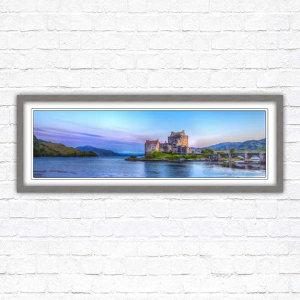 Scottish Highlands Castle. Panoramic framed picture print, Scotland mountains