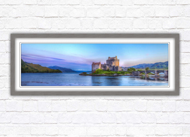 Scottish Highlands Castle. Panoramic framed picture print, Scotland mountains