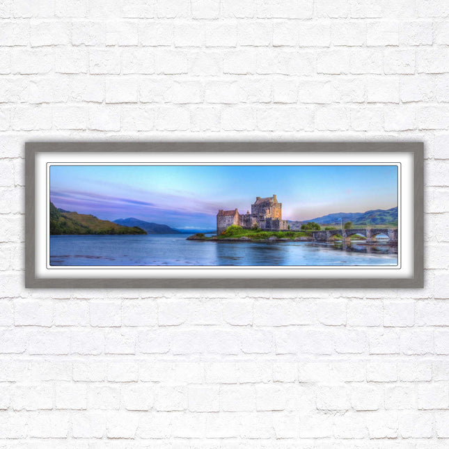 Scottish Highlands Castle. Panoramic framed picture print, Scotland mountains