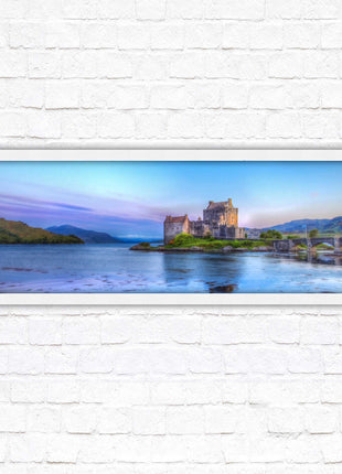 Scottish Highlands Castle. Panoramic framed picture print, Scotland mountains