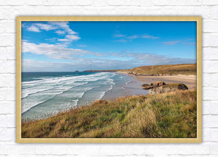 Perranporth beach north cornwall sea view. framed picture print Beach seascape